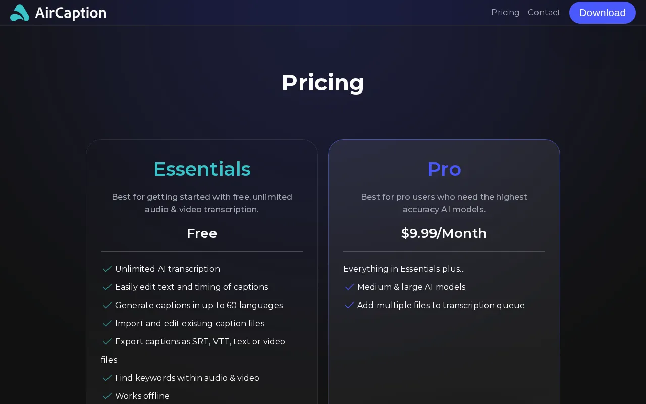 AirCaption — pricing page