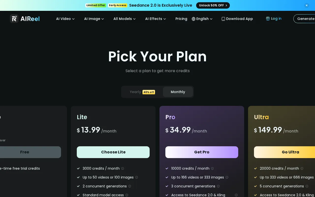 AIReel — pricing page