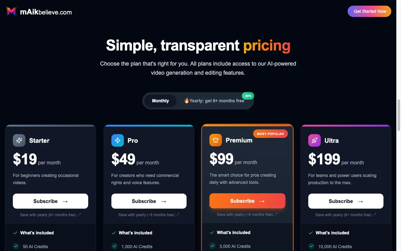 mAikBelieve.com — pricing page