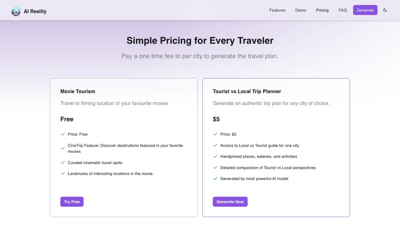 AIreelity — pricing page