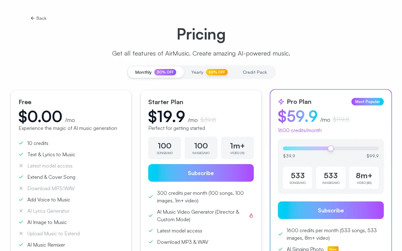 AirMusic — pricing page