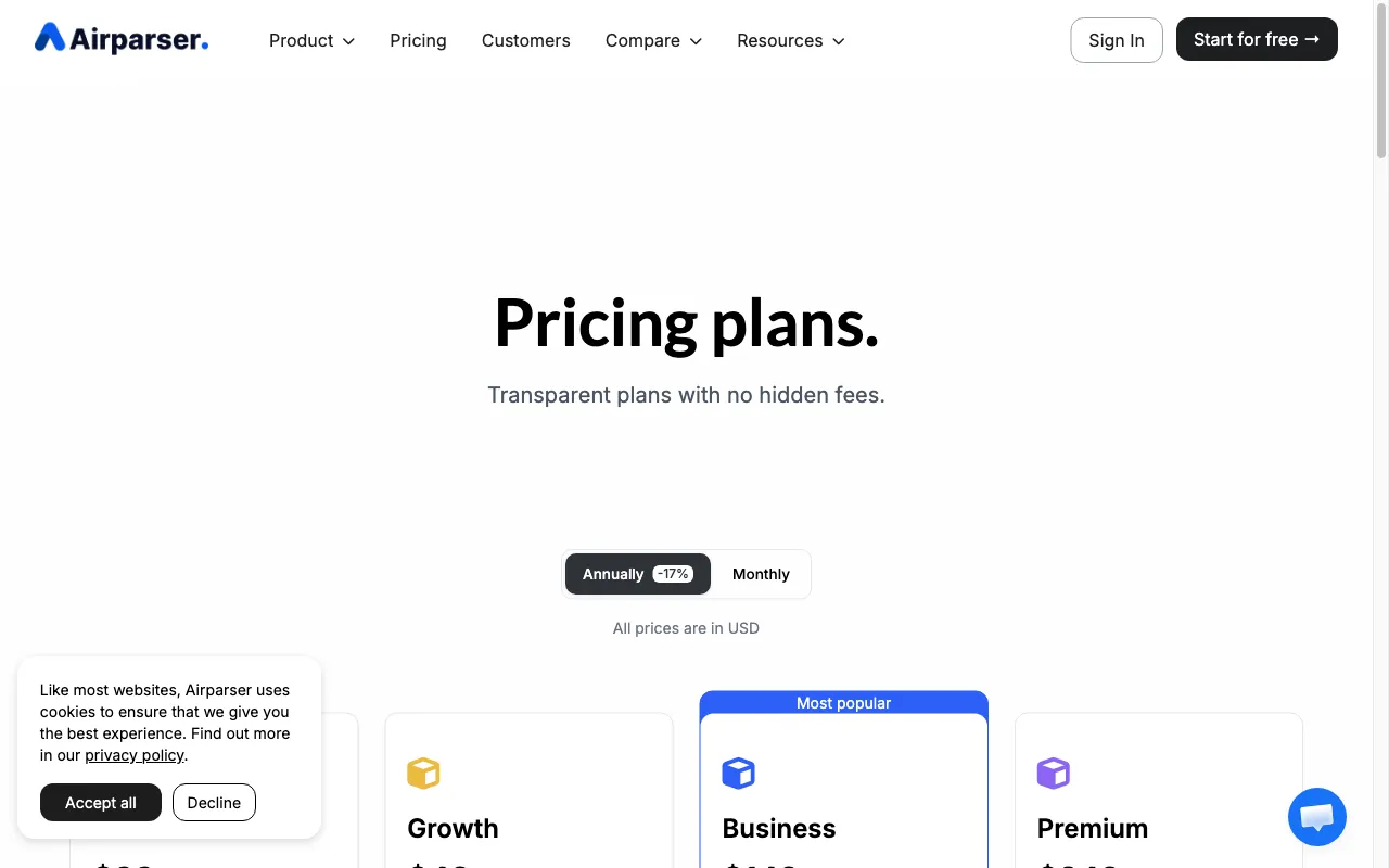 Airparser — pricing page