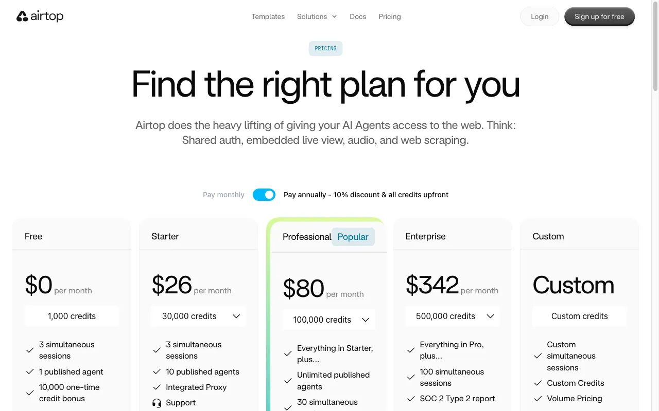 Airtop — pricing page