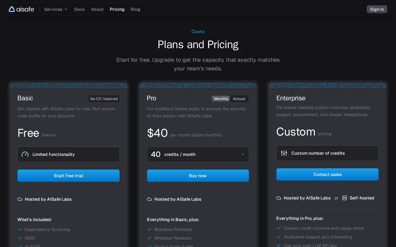 AISafe Labs — pricing page