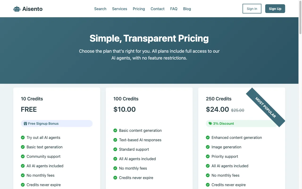 Aisento — pricing page
