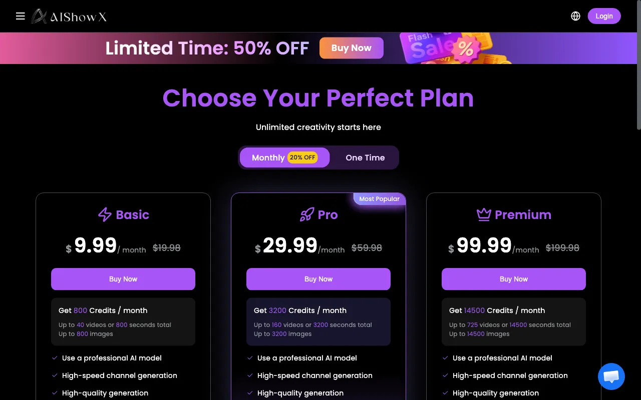 AIShowX — pricing page