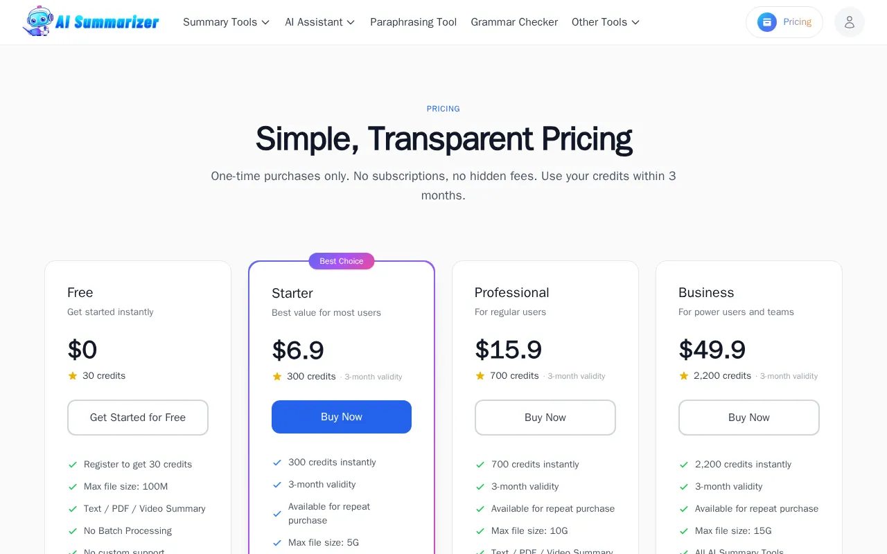 AISummarizer.ai — pricing page