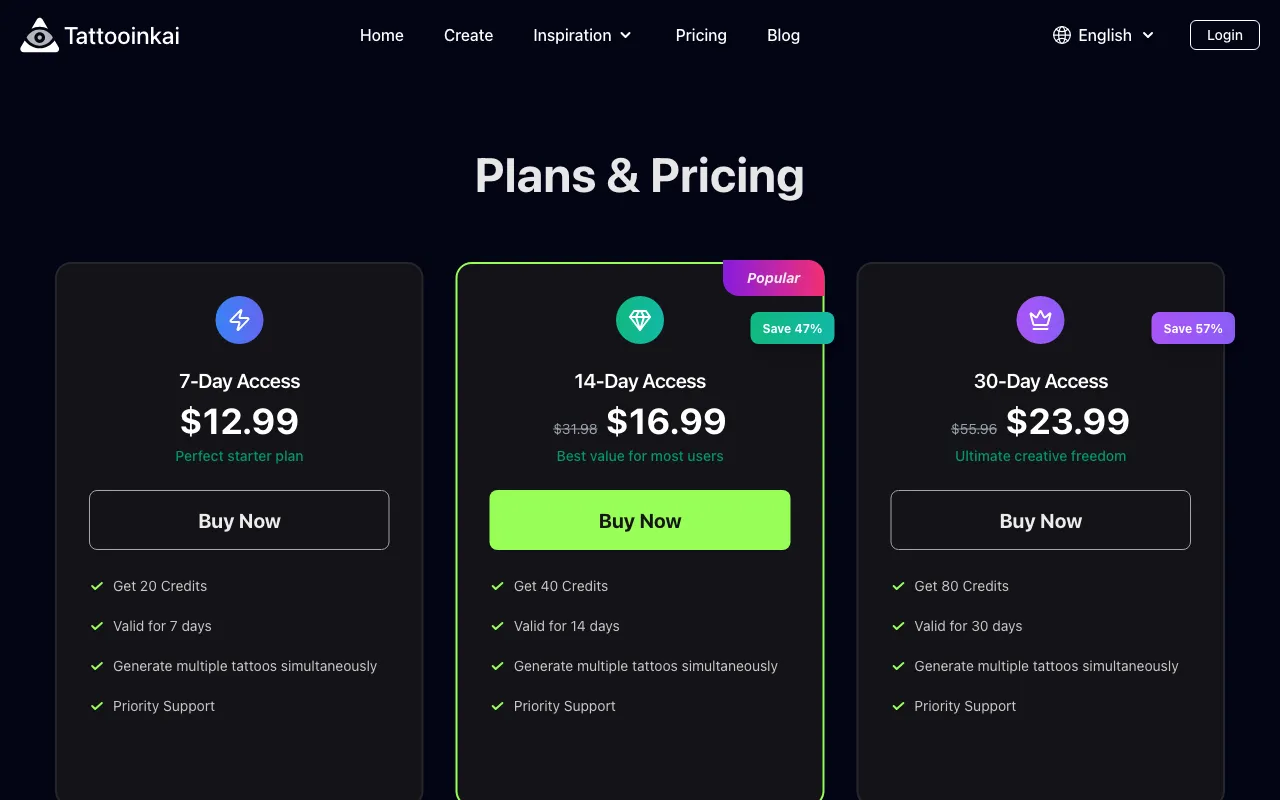Tattooinkai — pricing page