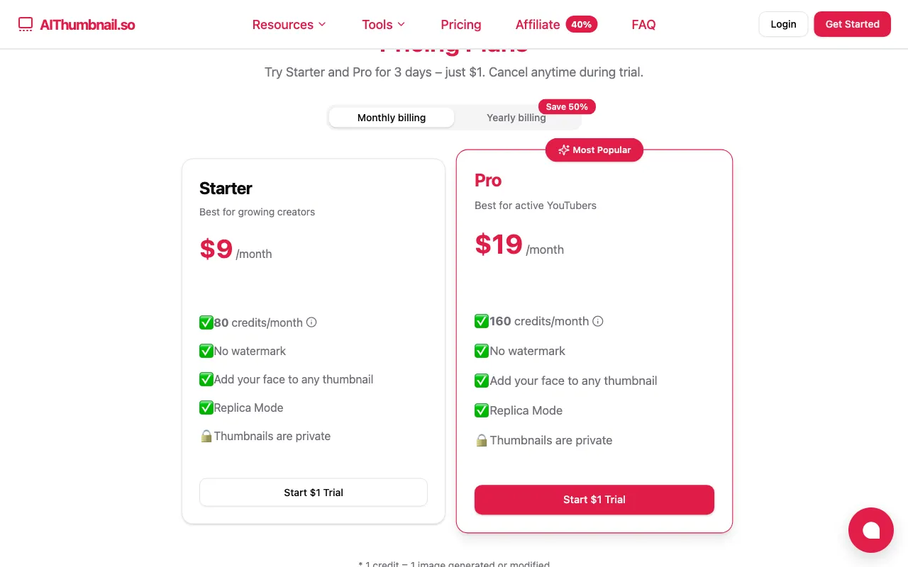 AIThumbnail.so — pricing page