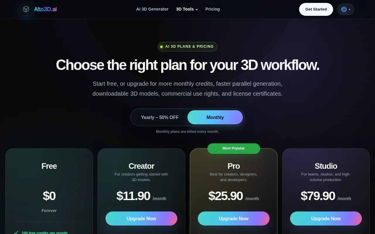 AIto3D.ai — pricing page