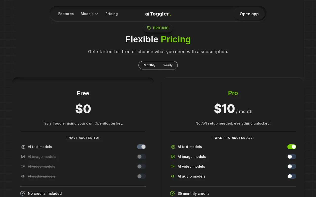aiToggler — pricing page