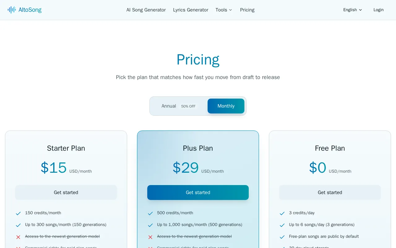 AItoSong — pricing page