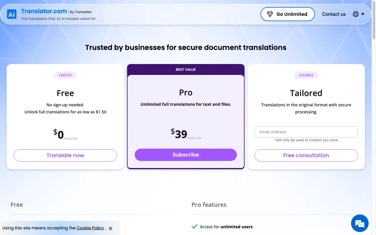 AITranslator.com — pricing page