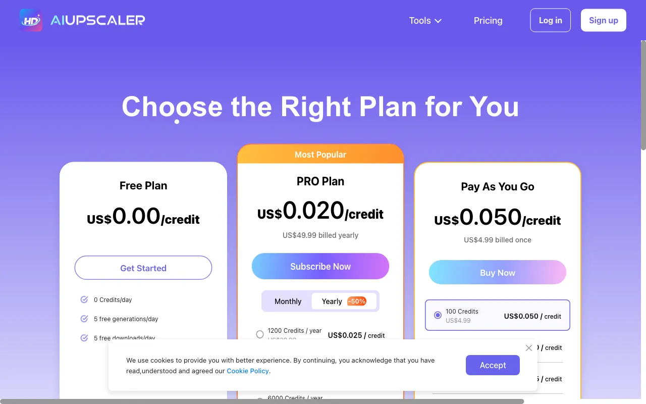 AIUpscaler — pricing page