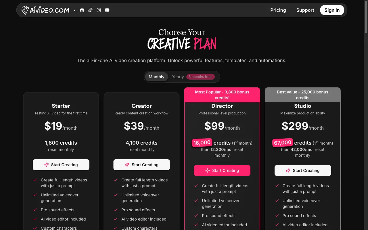 AIVideo — pricing page