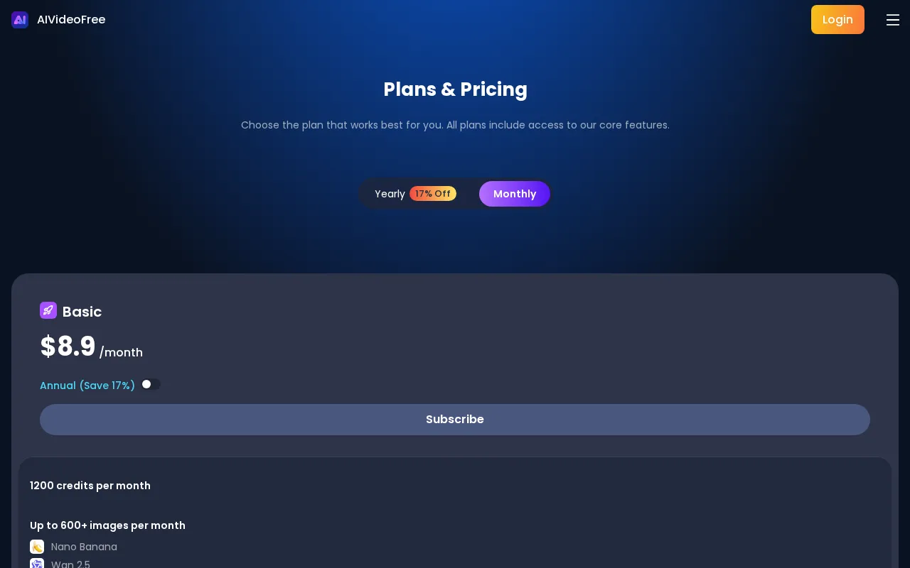 AIVideoFree — pricing page