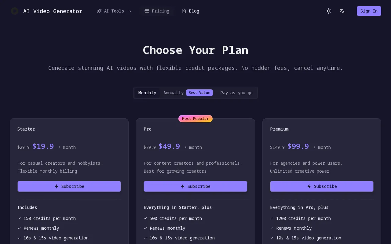 AIVideoGenerator.Best — pricing page