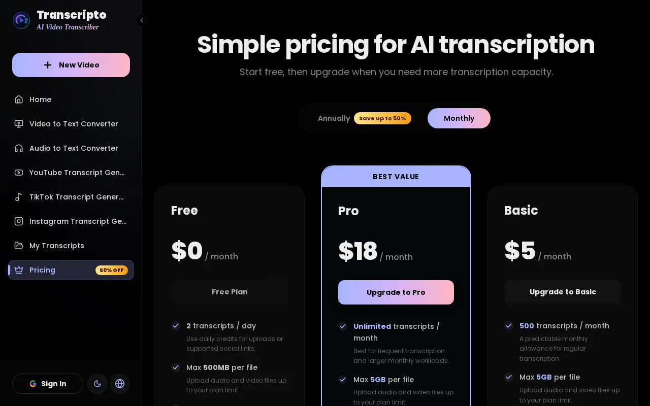 Transcripto — pricing page