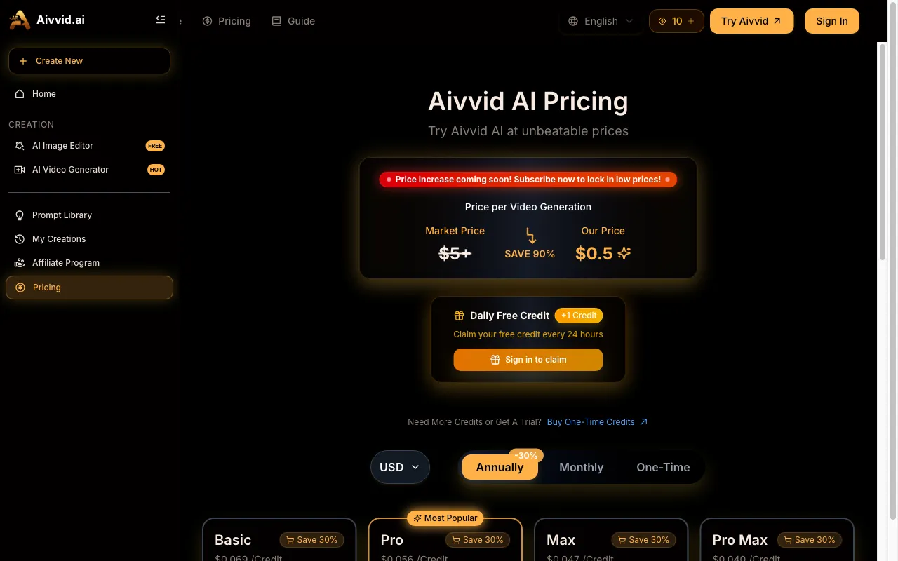 Aivvid AI — pricing page