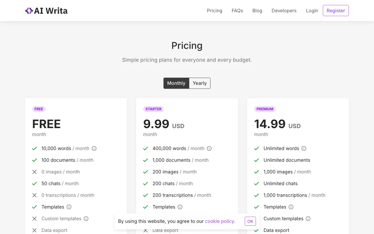 AIWrita — pricing page