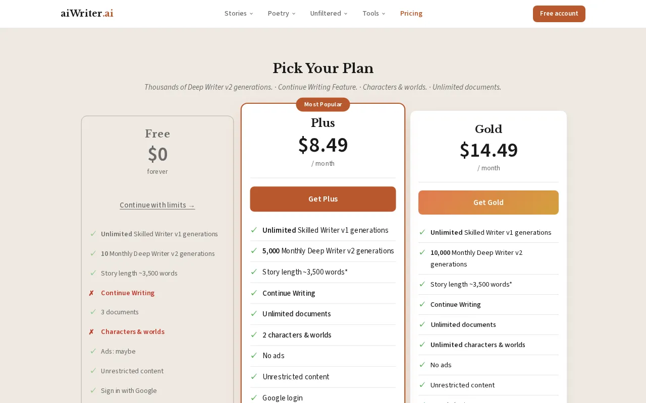 aiWriter.ai — pricing page