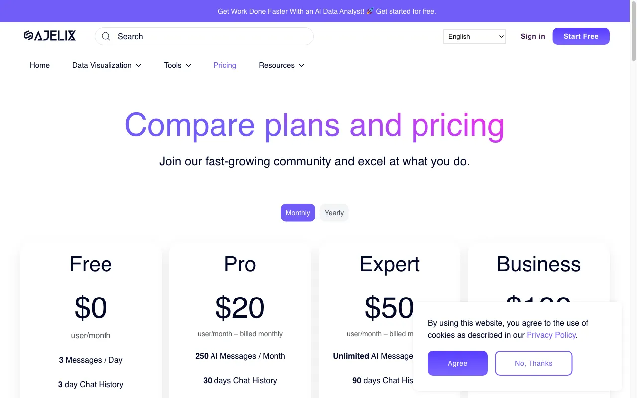 Ajelix AI Excel Tools — pricing page