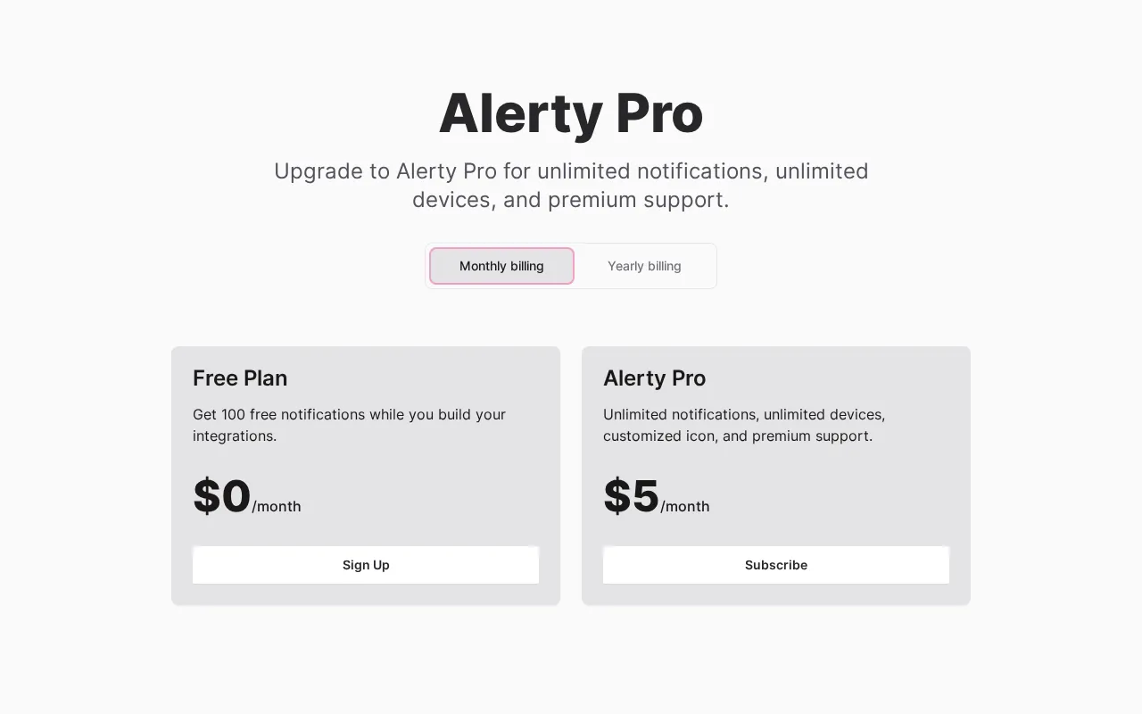 Alerty — pricing page
