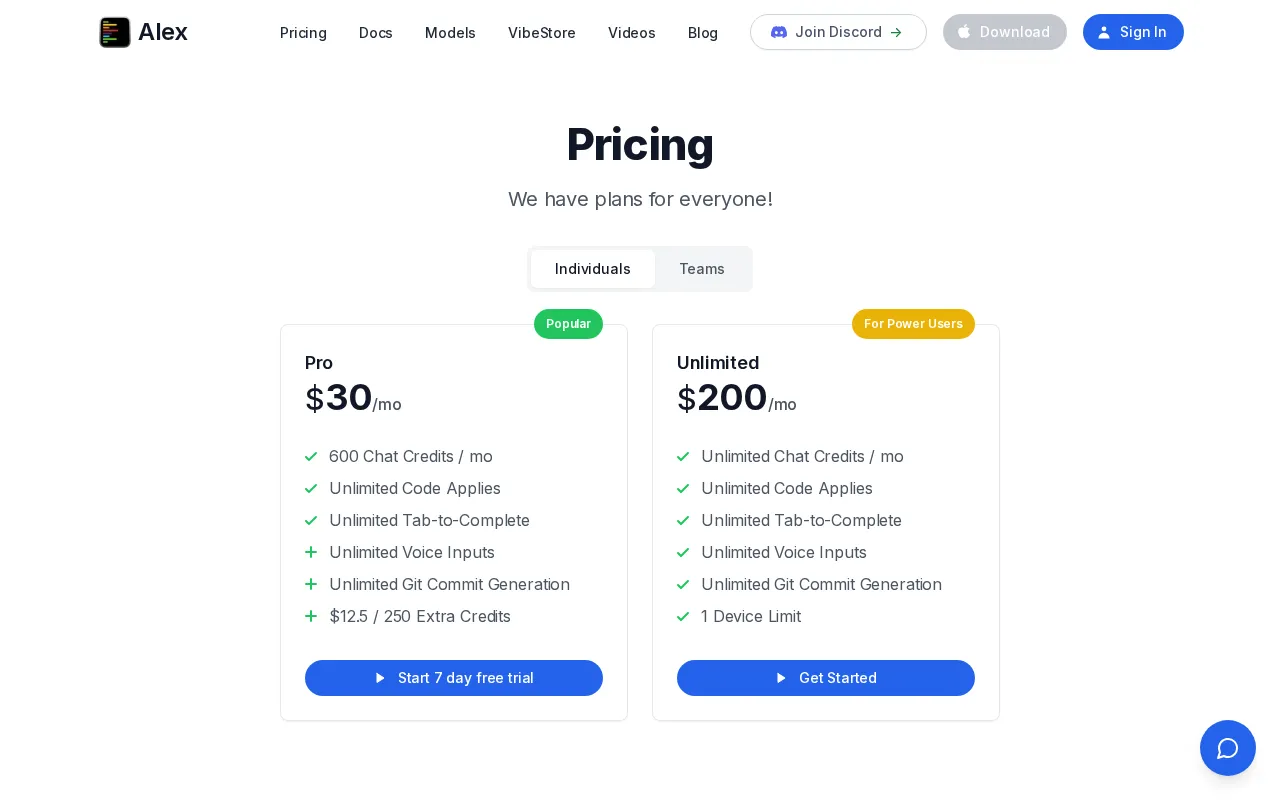 Alex — pricing page