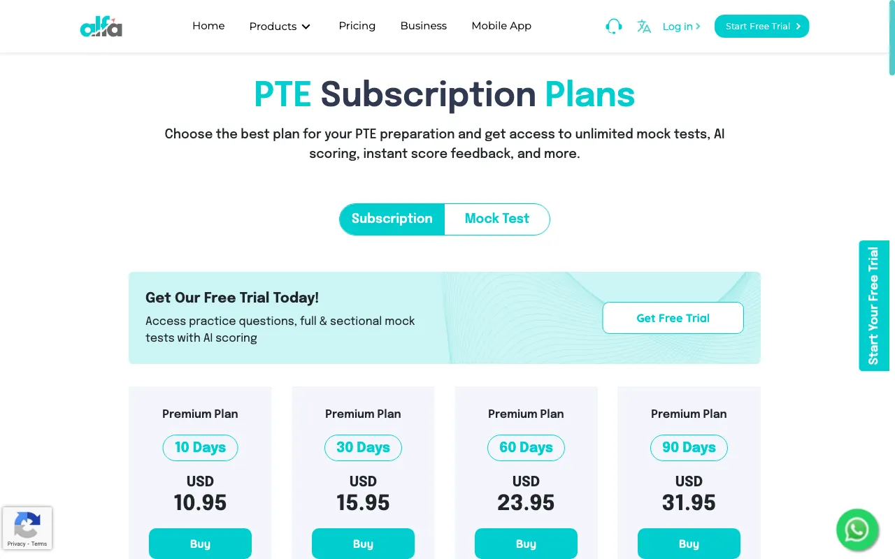AlfaPTE — pricing page