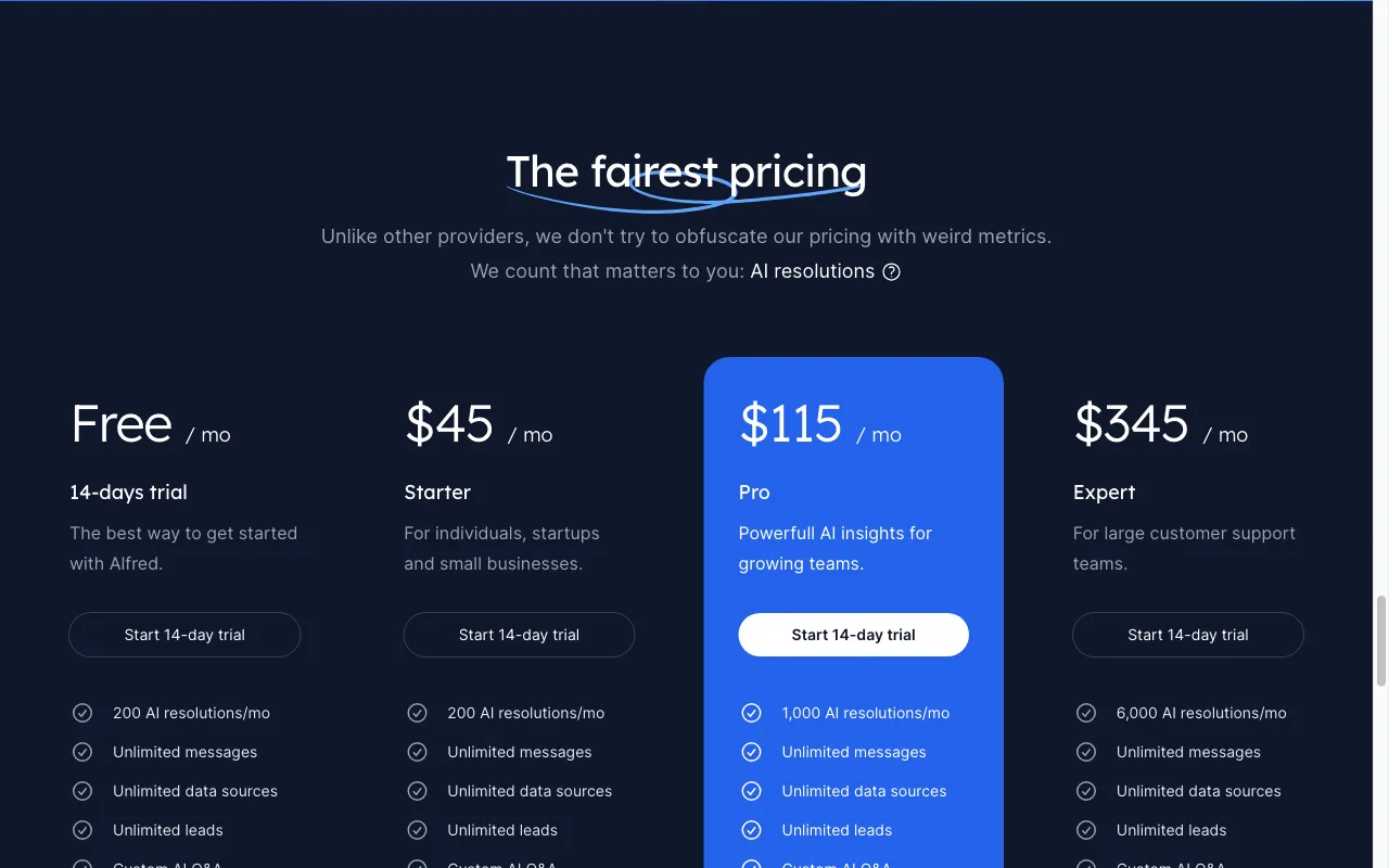 Alfred Chat — pricing page