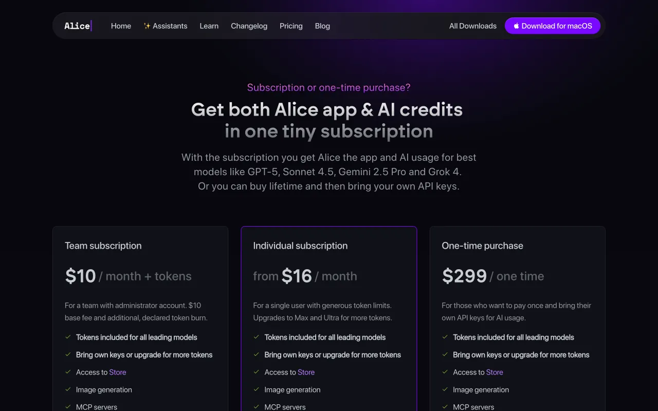 Alice — pricing page