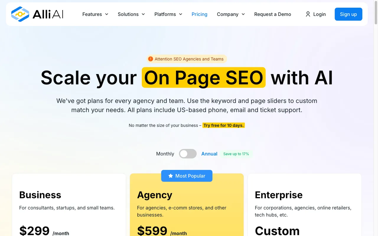 Alli AI — pricing page