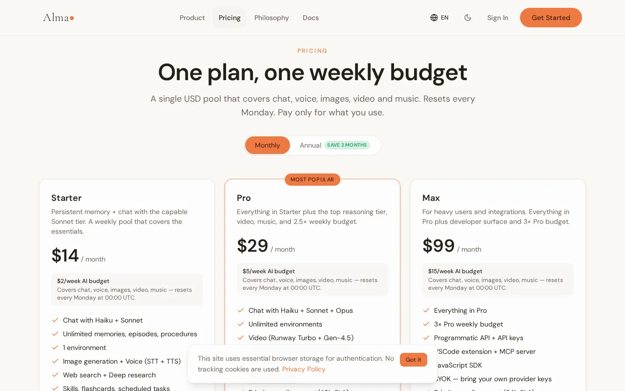 Alma by Olivares.AI — pricing page