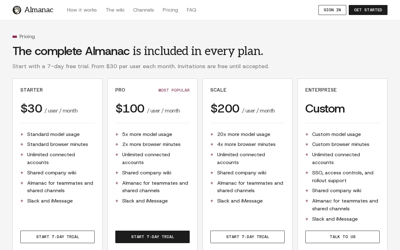 Almanac — pricing page