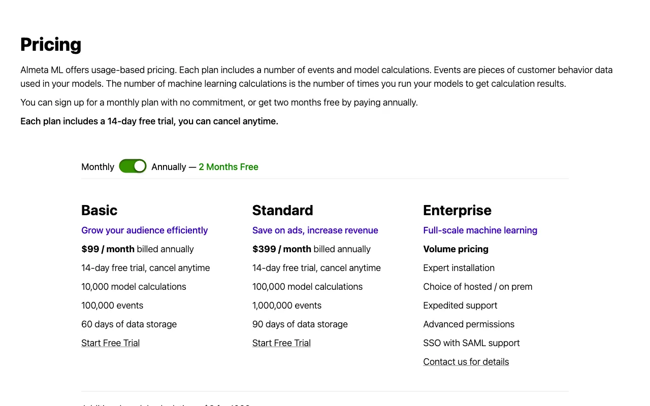 Almeta ML — pricing page
