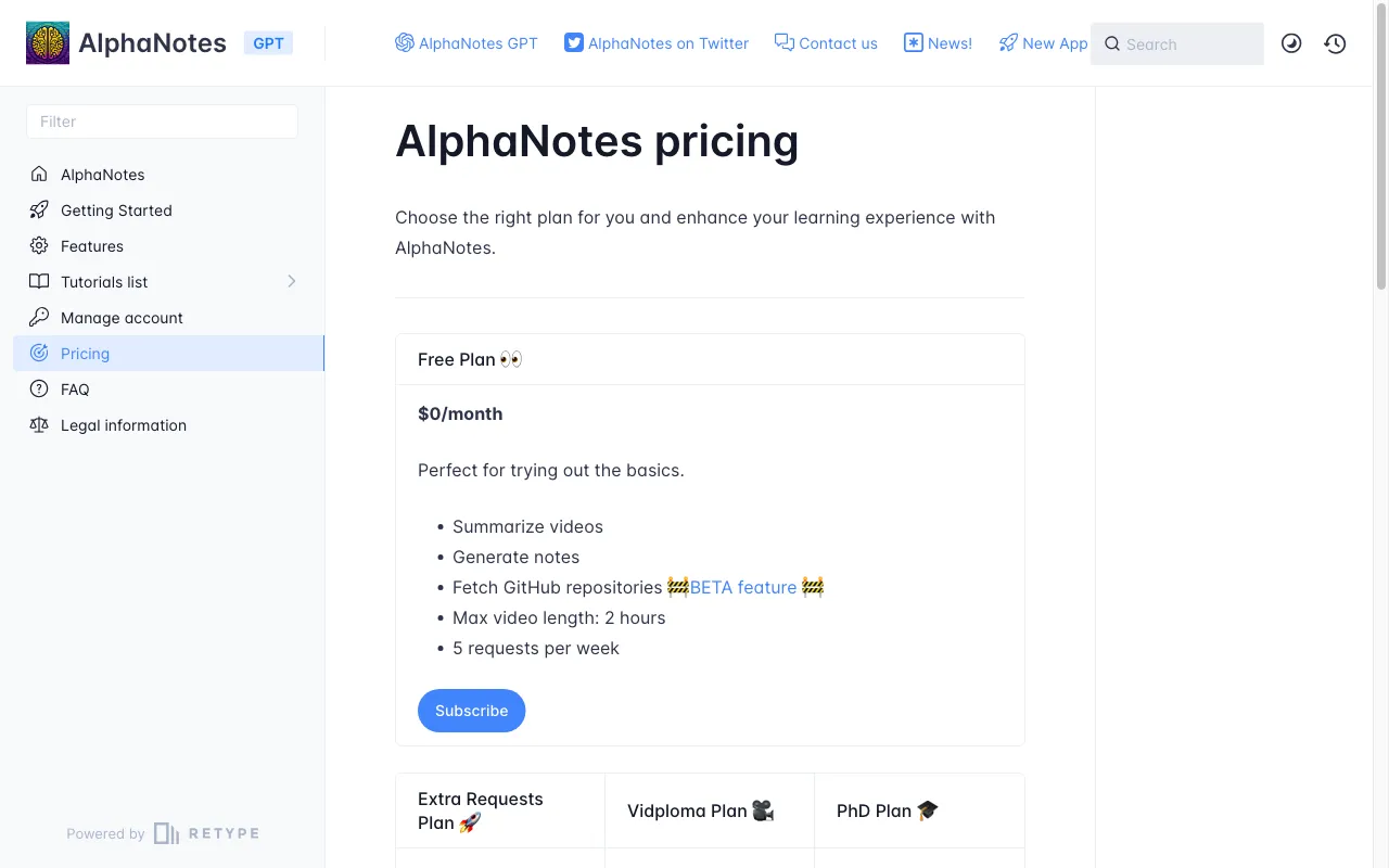 AlphaNotes — pricing page