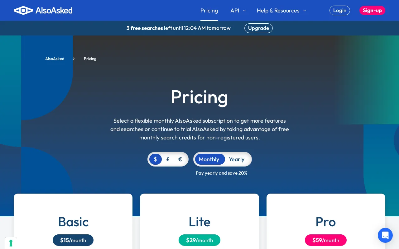 AlsoAsked — pricing page