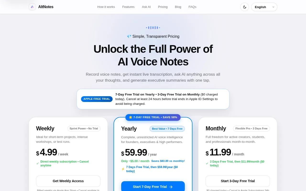 AltNotes — pricing page