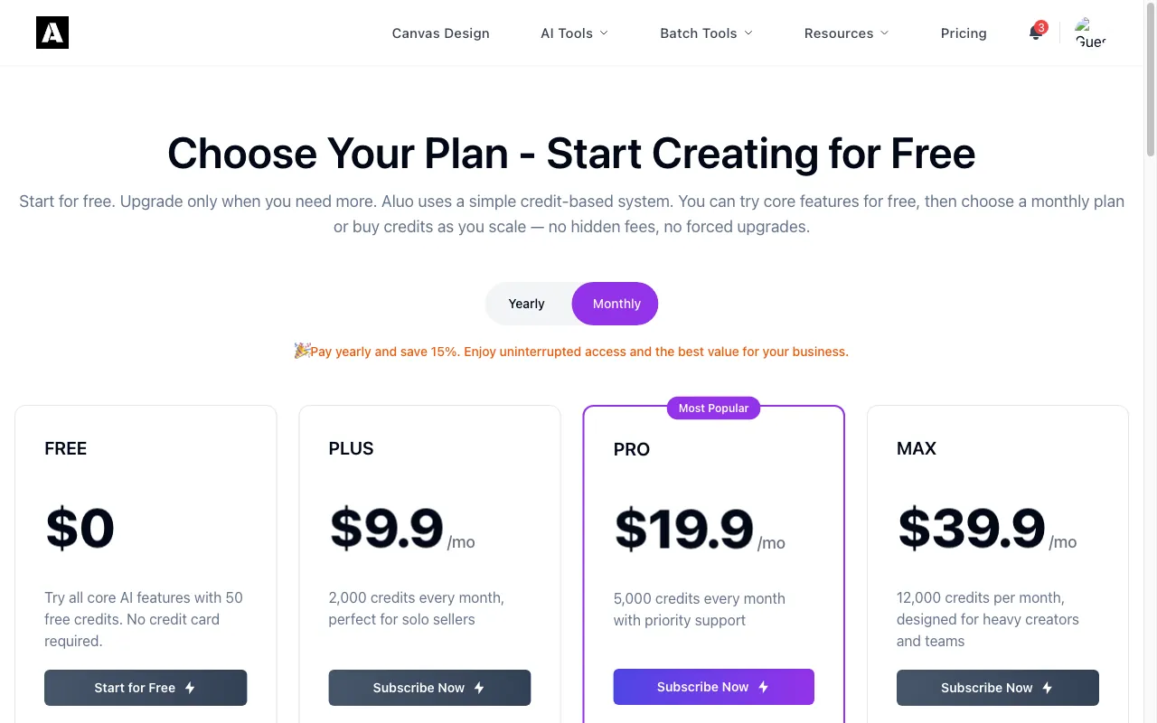 Aluo AI — pricing page