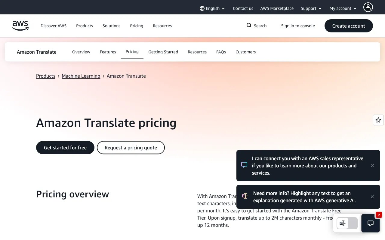 Amazon Translate — pricing page