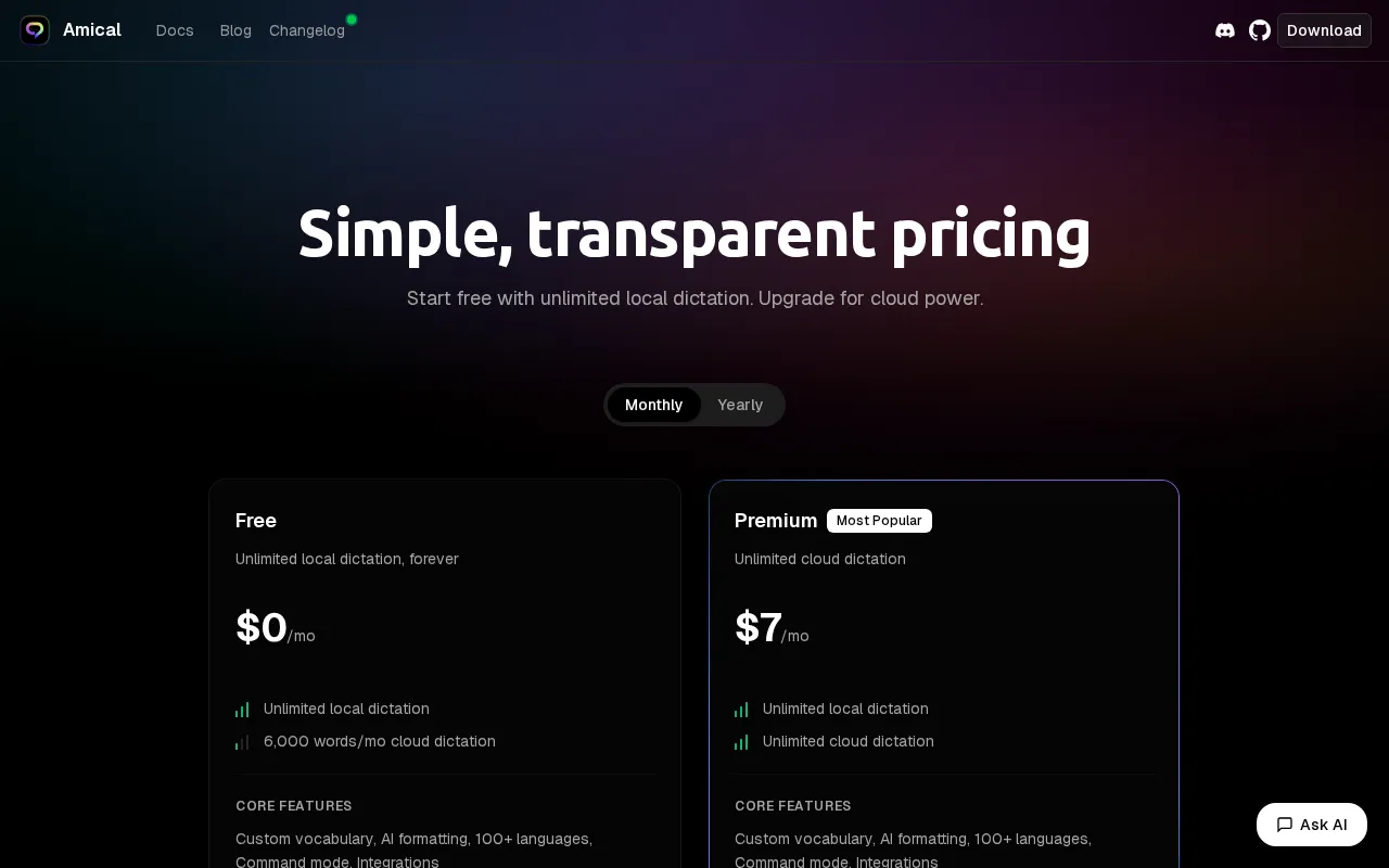 Amical — pricing page