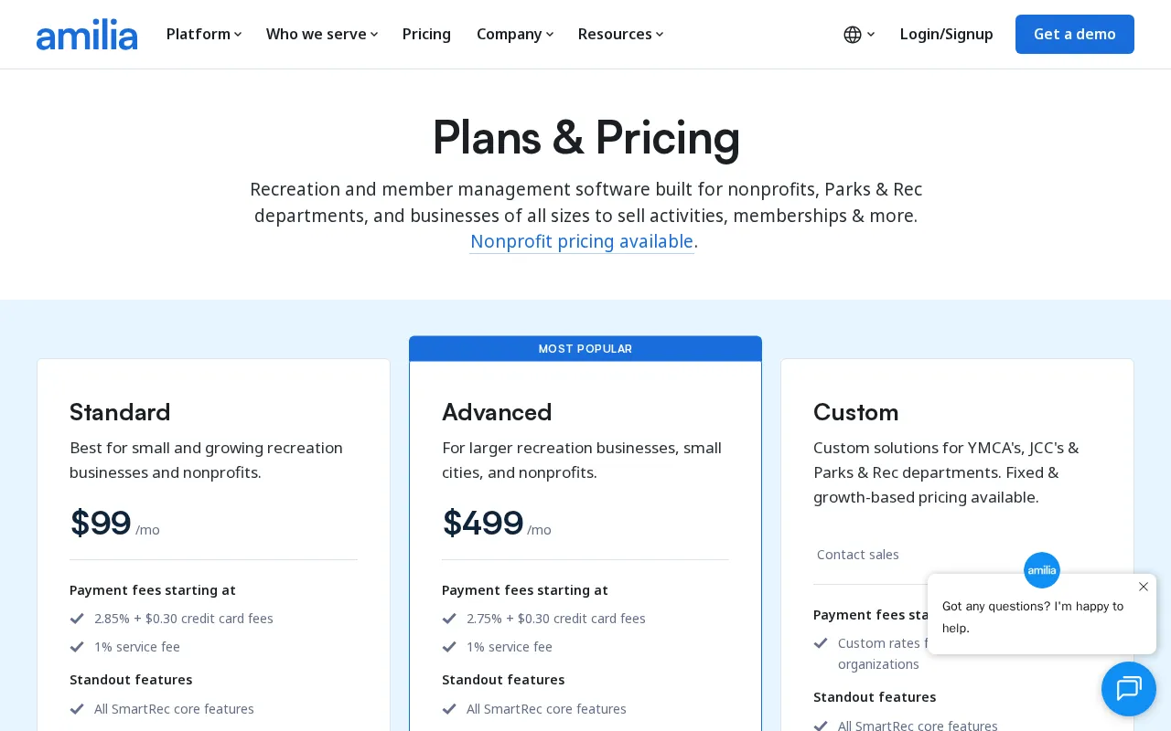 Amilia — pricing page