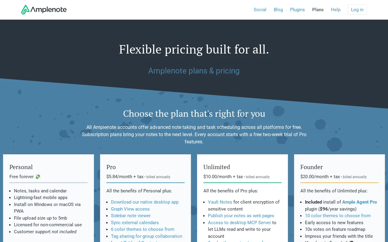 Amplenote — pricing page