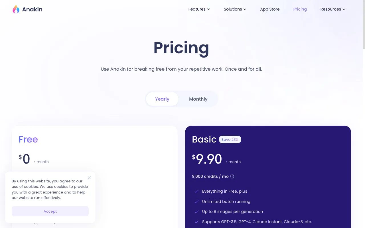 Anakin.ai — pricing page