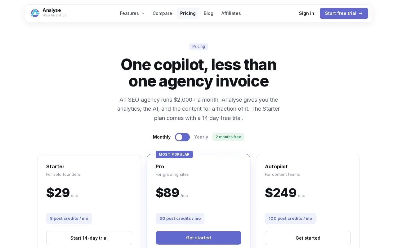 Analyse — pricing page