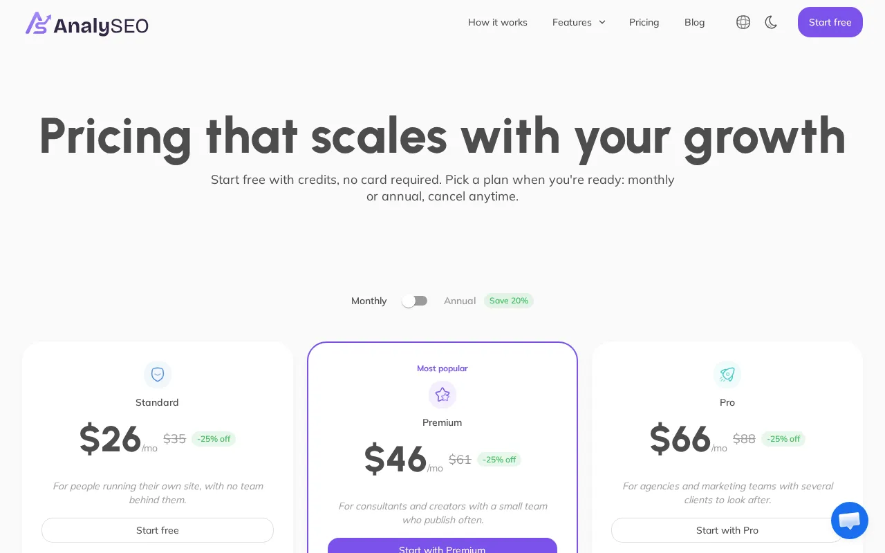 AnalySEO — pricing page