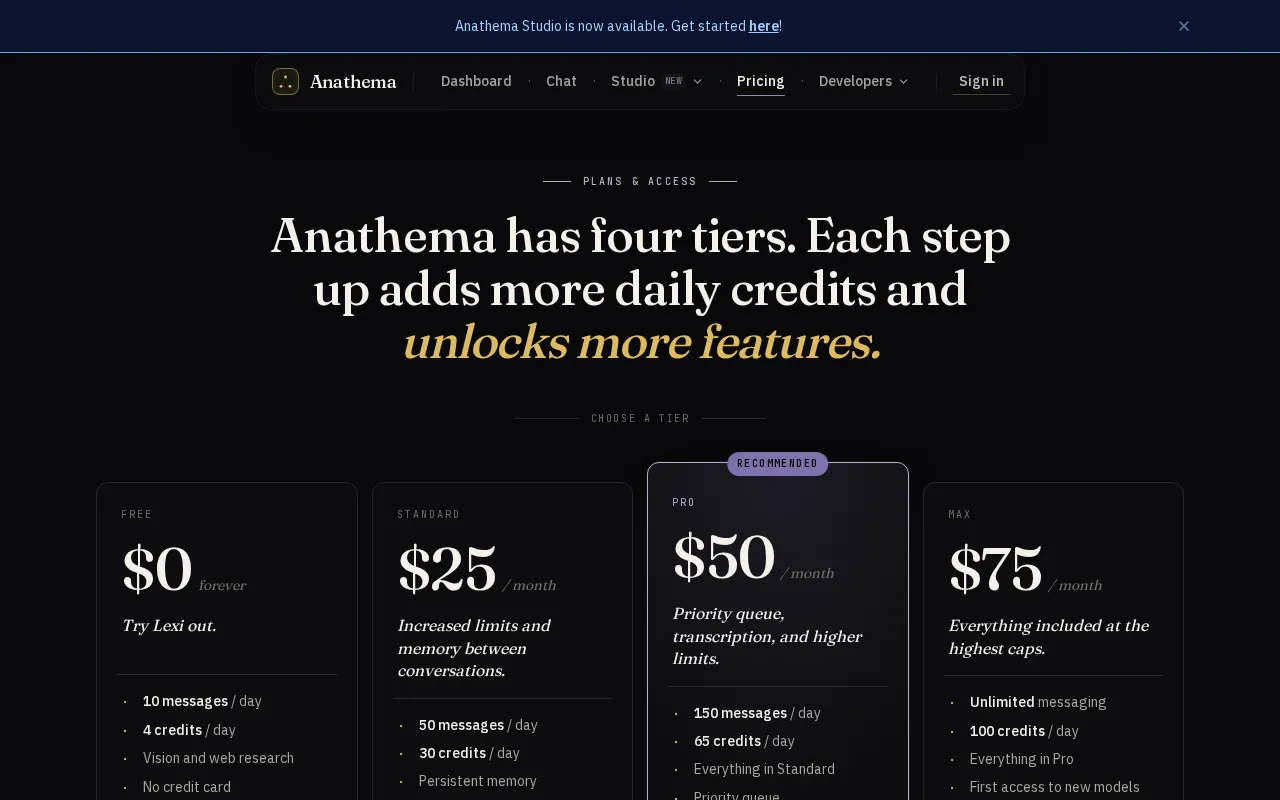 Anathema AI — pricing page