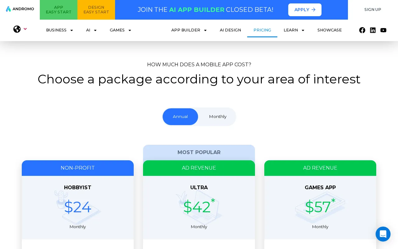 Andromo — pricing page