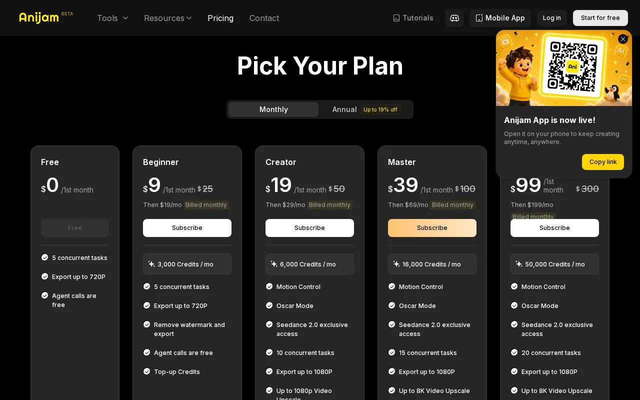 Anijam AI — pricing page