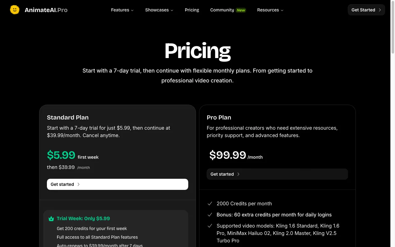 Animate AI — pricing page